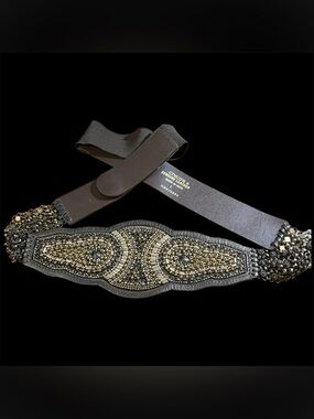 Chico's Brown and Gold Beaded Wide Waist Belt Size Large Boho Statement